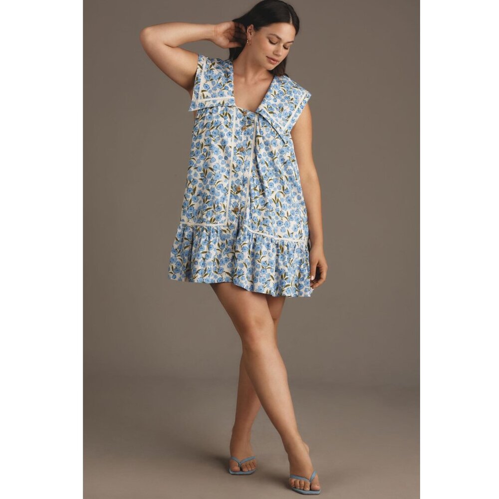 Anthropologie Maeve Collared Poplin Swing Mini Dress Blue Motif 1X Plus